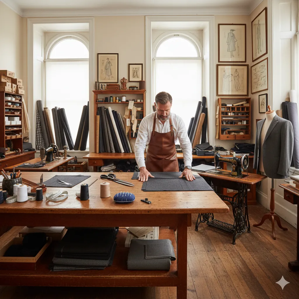 Professional tailoring workspace with expert craftsmanship tools and materials